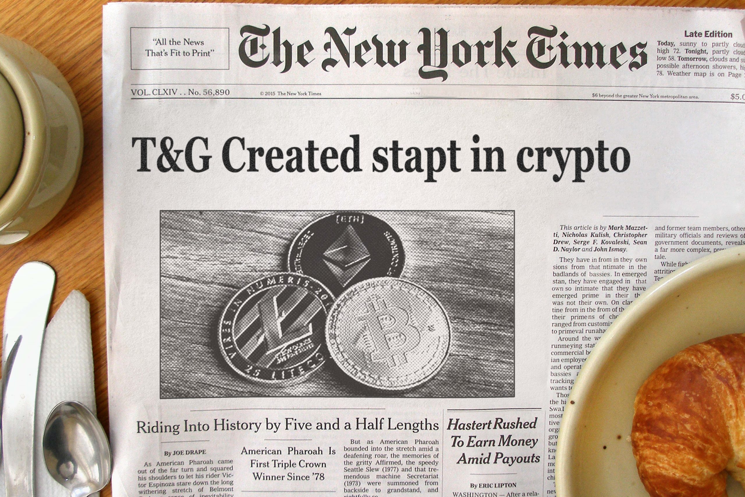 een fictief krantenartikel met als kop: "T&G created stapt in crypto"